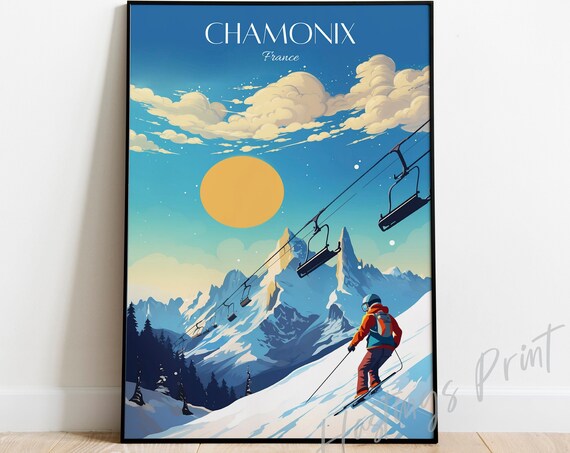 Chamonix France Skier Chairlift Sunset Alpine Ski Mountain Travel Poster