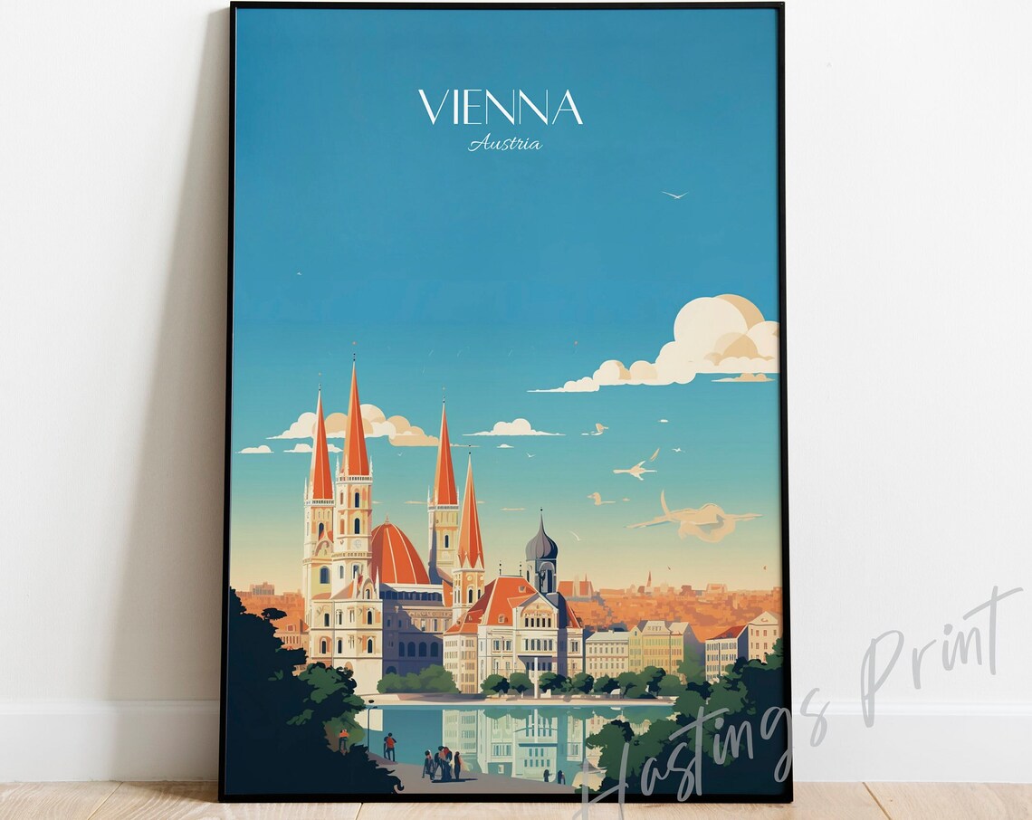 Vienna Austria Vintage Travel Poster Cathedral Towers Cityscape Artwork