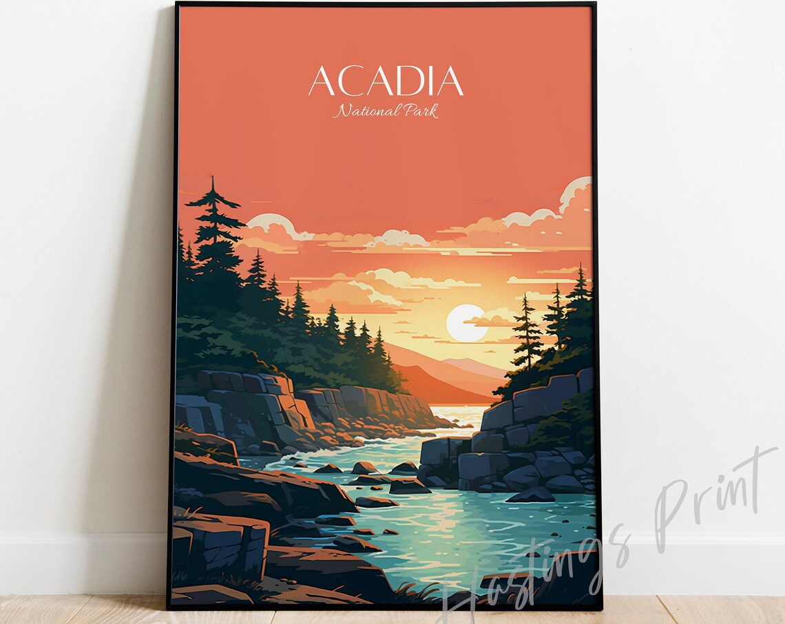 Acadia National Park Rocky Coast at Sunset Seascape Art Poster