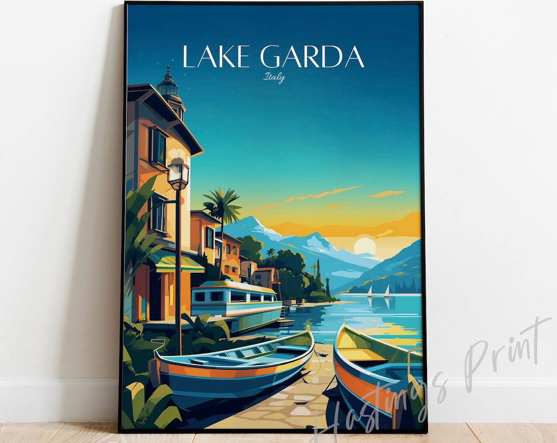 Lake Garda Italy Vintage Travel Poster Sunset Harbor Wooden Boats