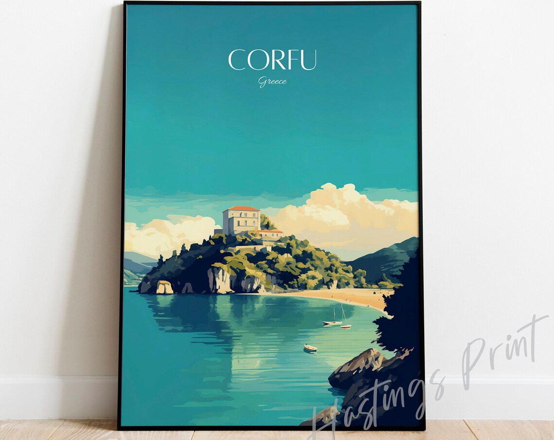 Corfu Greece Turquoise Sea Island Hill House Coastal Travel Poster