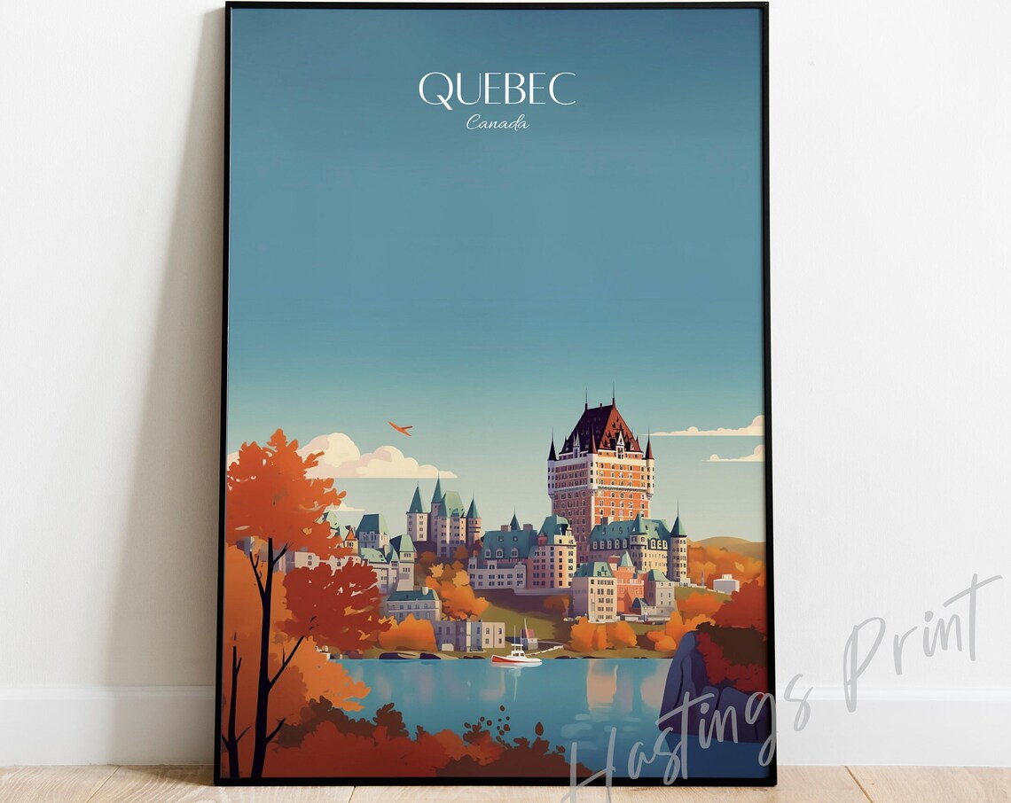 Quebec Canada Travel Poster Chateau Frontenac Autumn Vintage City Art