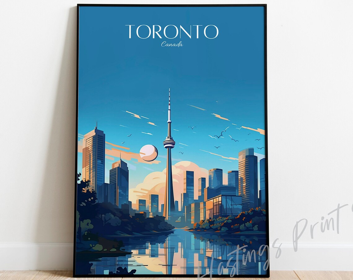 Toronto Canada CN Tower Dusk Skyline Modern Vintage Travel Poster