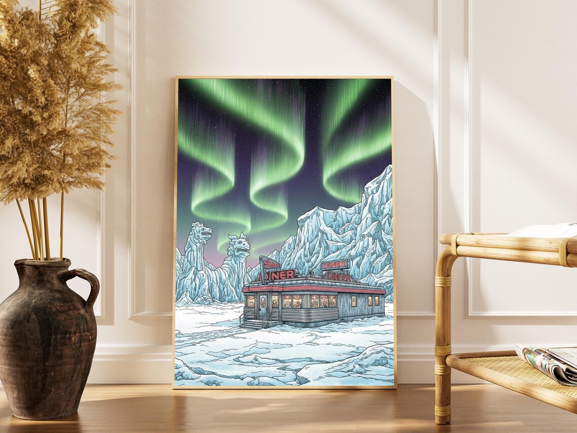 Retro Diner Under Northern Lights Icy Mountains Surreal Art Poster