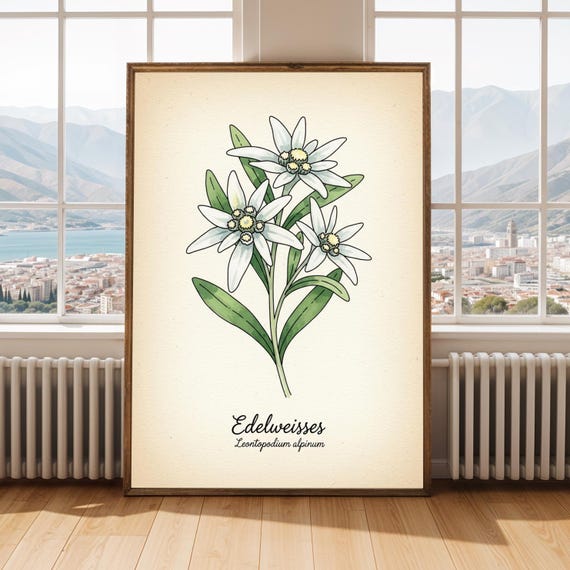 Edelweiss Flower Poster Vintage Botanical Watercolor Illustration