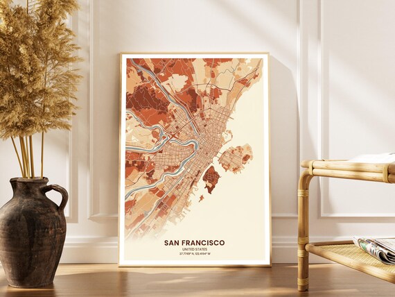 San Francisco Map Print Terracotta Beige Midcentury Modern Style