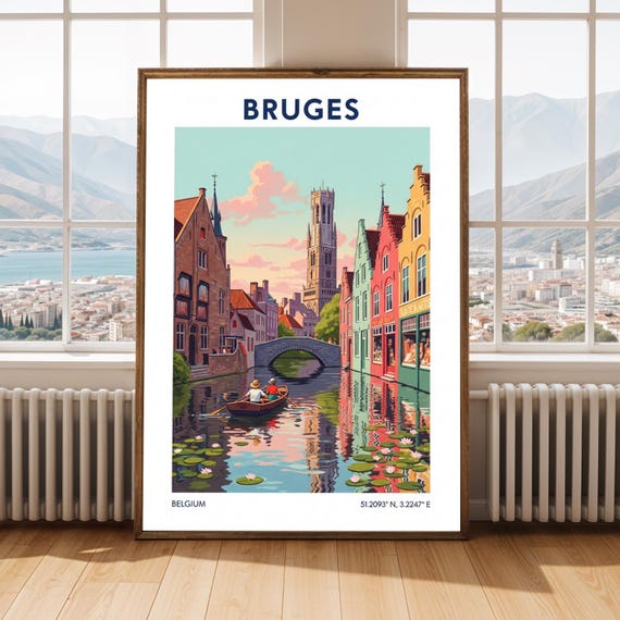 Bruges Canal Vintage Poster European Cityscape Art Print