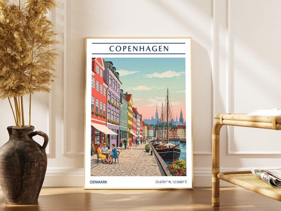 Copenhagen Cityscape Print Vintage European Travel Poster