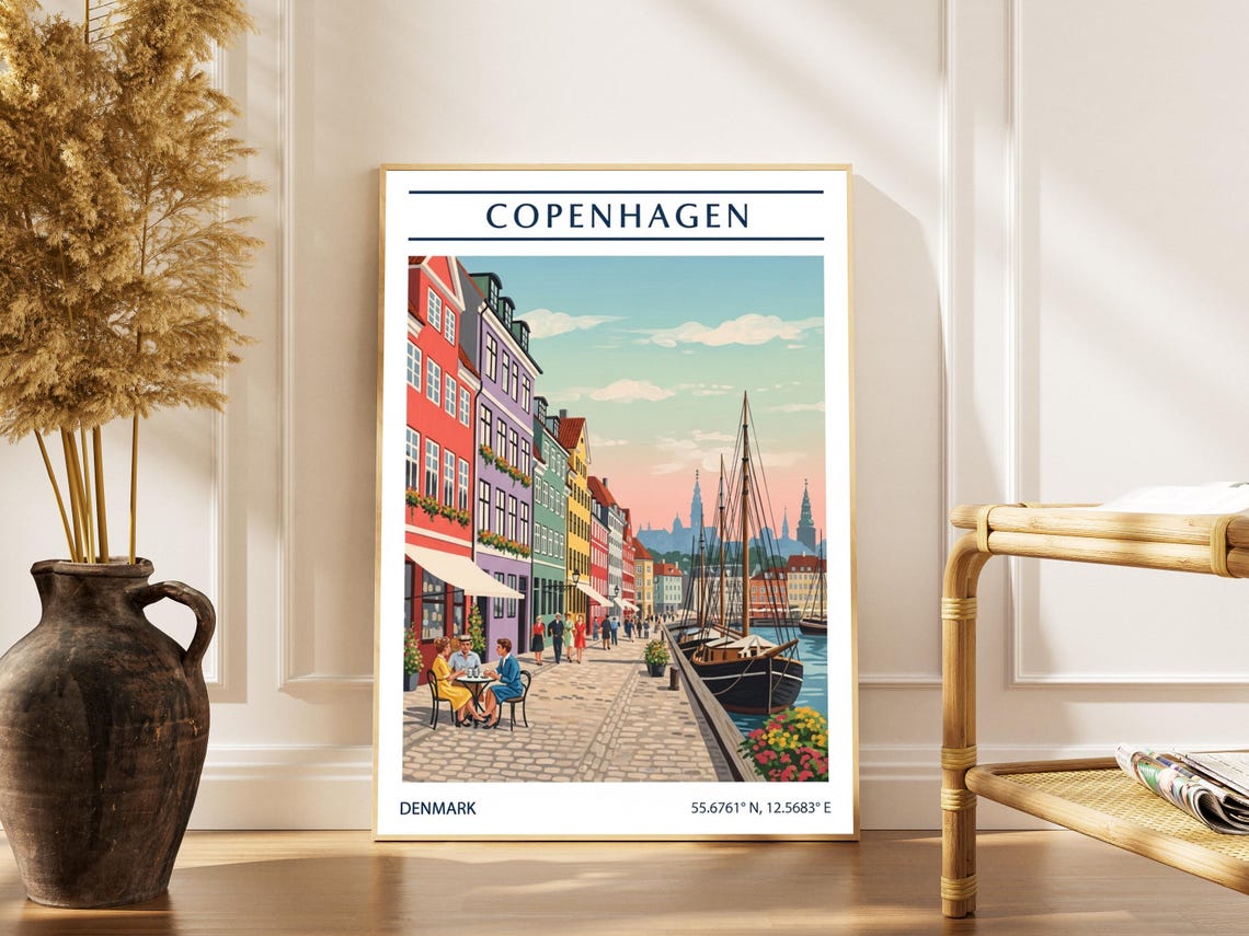 Copenhagen Cityscape Print Vintage European Travel Poster