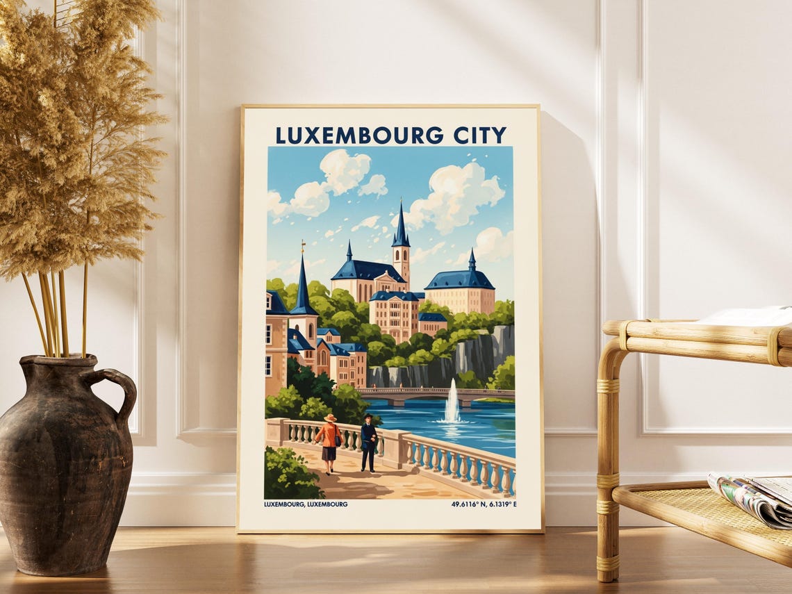 Luxembourg City Vintage Travel Poster with Castle Cliffs and Bridge