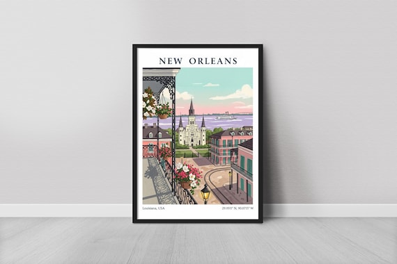 New Orleans French Quarter Balcony Cathedral Skyline Travel Poster
