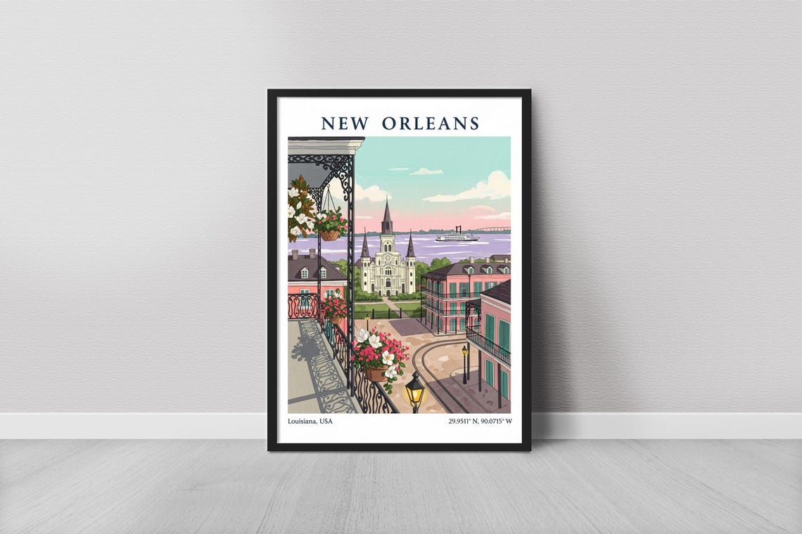 New Orleans French Quarter Balcony Cathedral Skyline Travel Poster