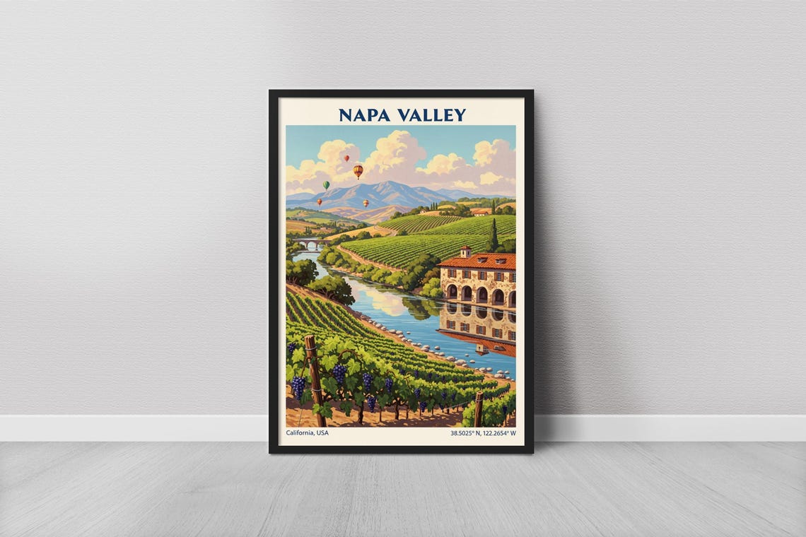 Napa Valley Art Print Vintage Travel Vineyard Rows Blue Sky And Cream Tones