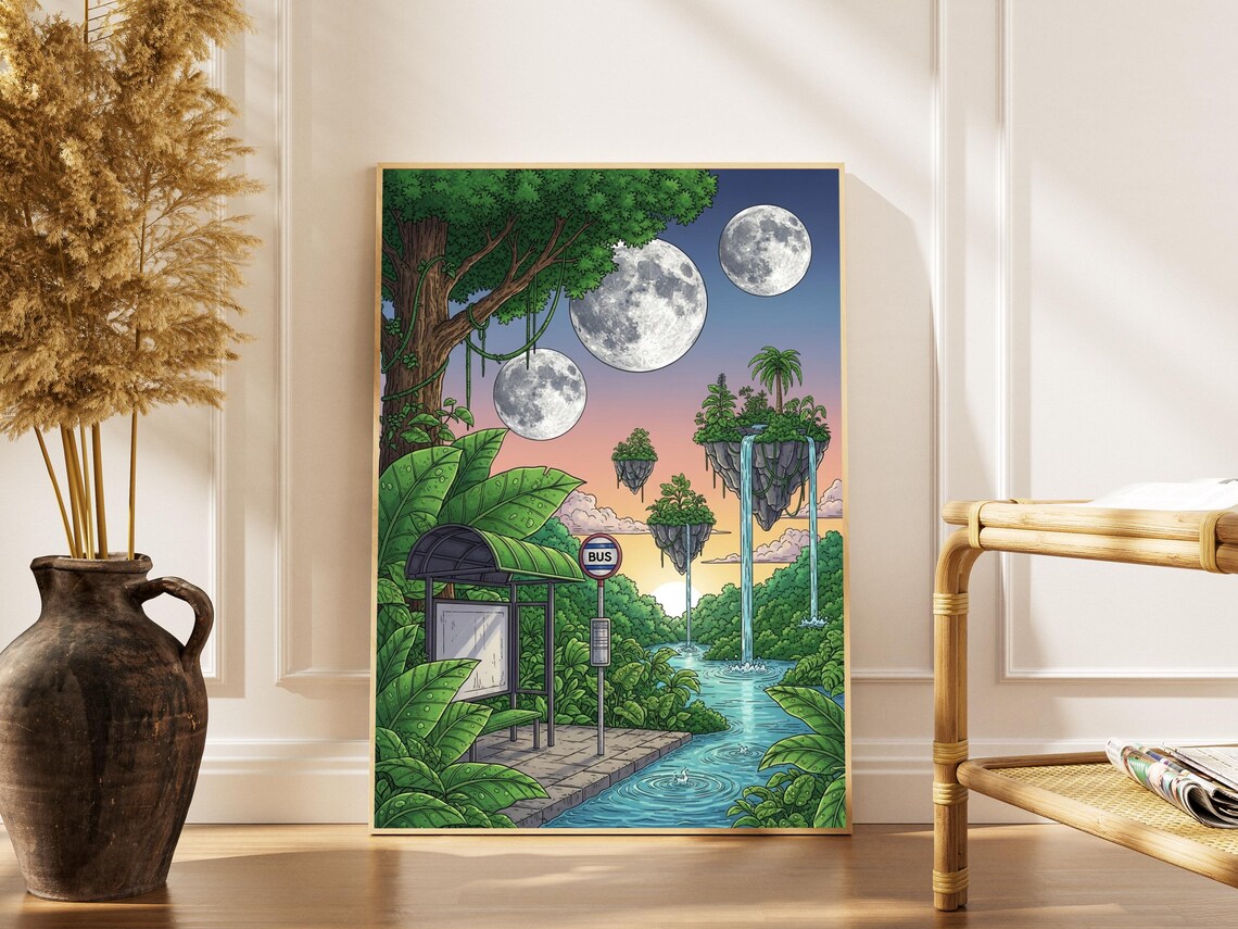 Surreal Floating Islands Moonlit Bus Stop Fantasy Jungle Art Poster