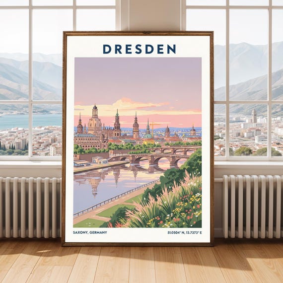Dresden Skyline Elbe And Pink Purple Travel Poster Art European Cityscape Illustration