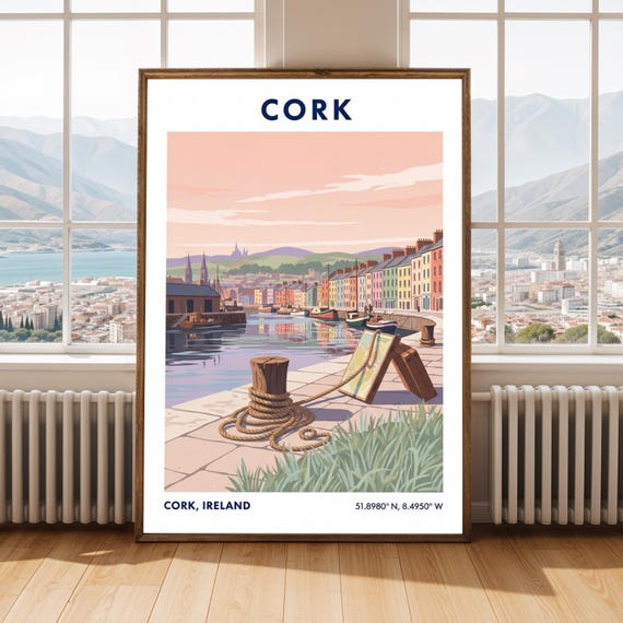 Pastel Cork Ireland Travel Poster Coastal Harbor Illustration