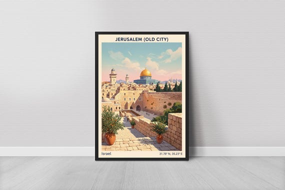 Jerusalem Old City Poster Vintage Travel Gouache Blue Sky And Cream Tones