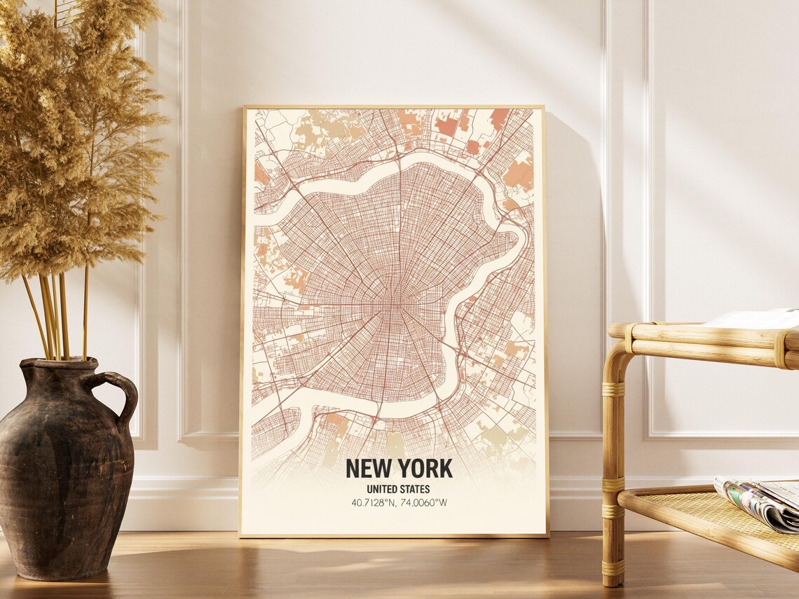 New York United States Sepia City Map Minimalist Vintage Wall Art