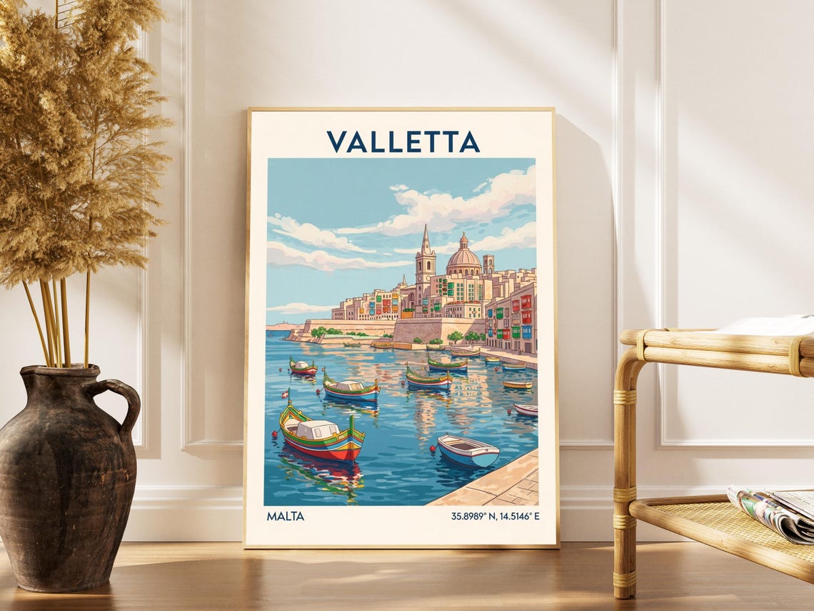 Valletta Malta Travel Poster Vintage Mediterranean Cityscape Art