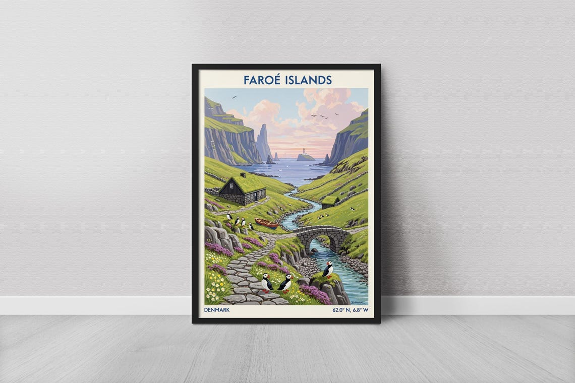 Faroe Islands Puffins Green Cliffs Vintage Travel Landscape Poster