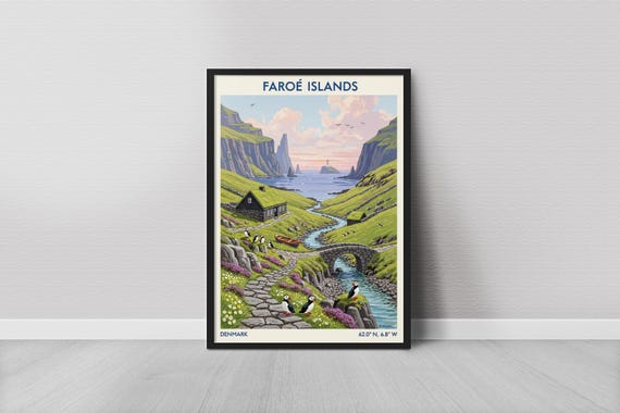 Faroe Islands Art Print Vintage Style Colorful Landscape Mixed Media