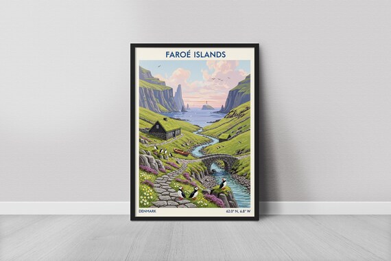 Faroe Islands Puffins Green Cliffs Vintage Travel Landscape Poster