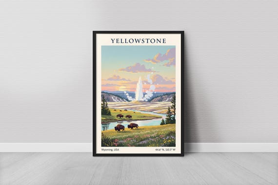 Yellowstone Art Print Minimalist Travel Style Blue Sky And Cream Tones