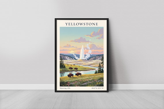 Yellowstone Wyoming Geyser Bison Sunset Minimalist Travel Art Poster