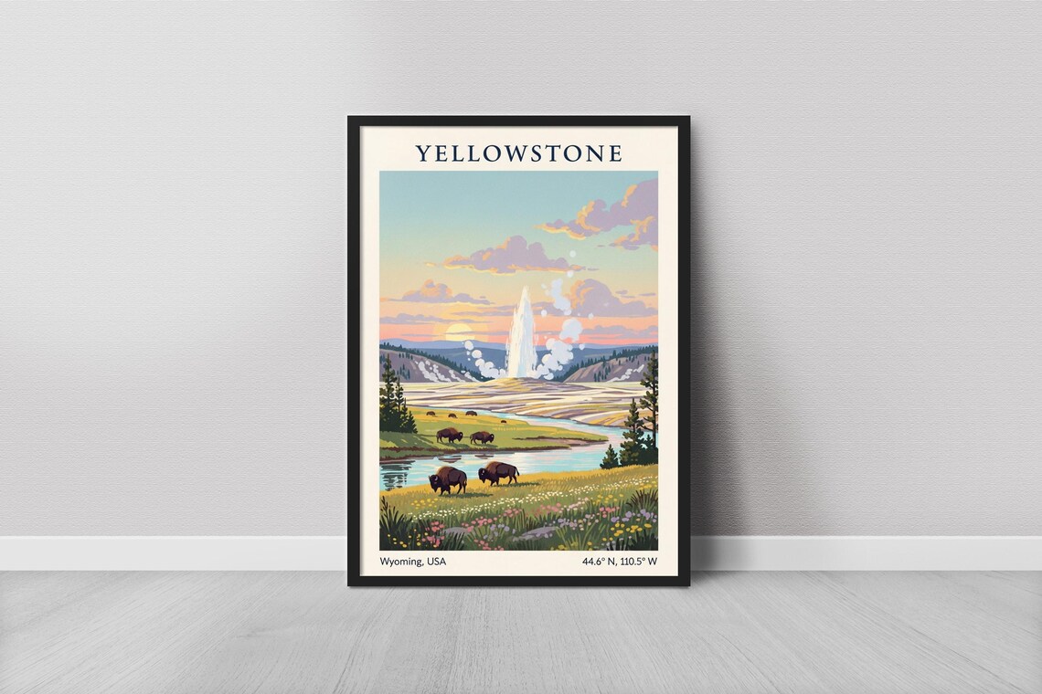 Yellowstone Wyoming Geyser Bison Sunset Minimalist Travel Art Poster
