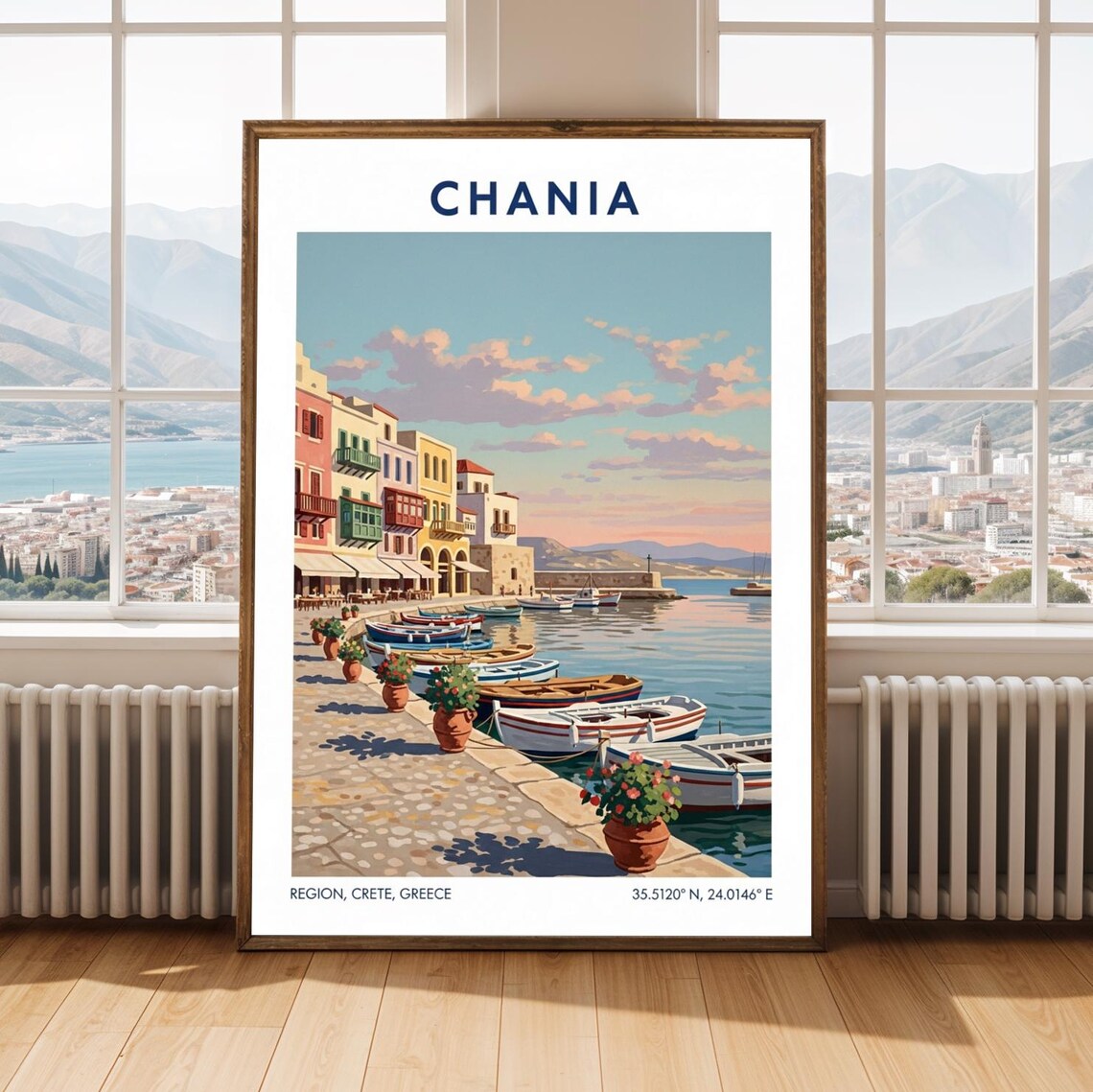 Chania Crete Greece Old Venetian Harbor Boats Vintage Travel Poster
