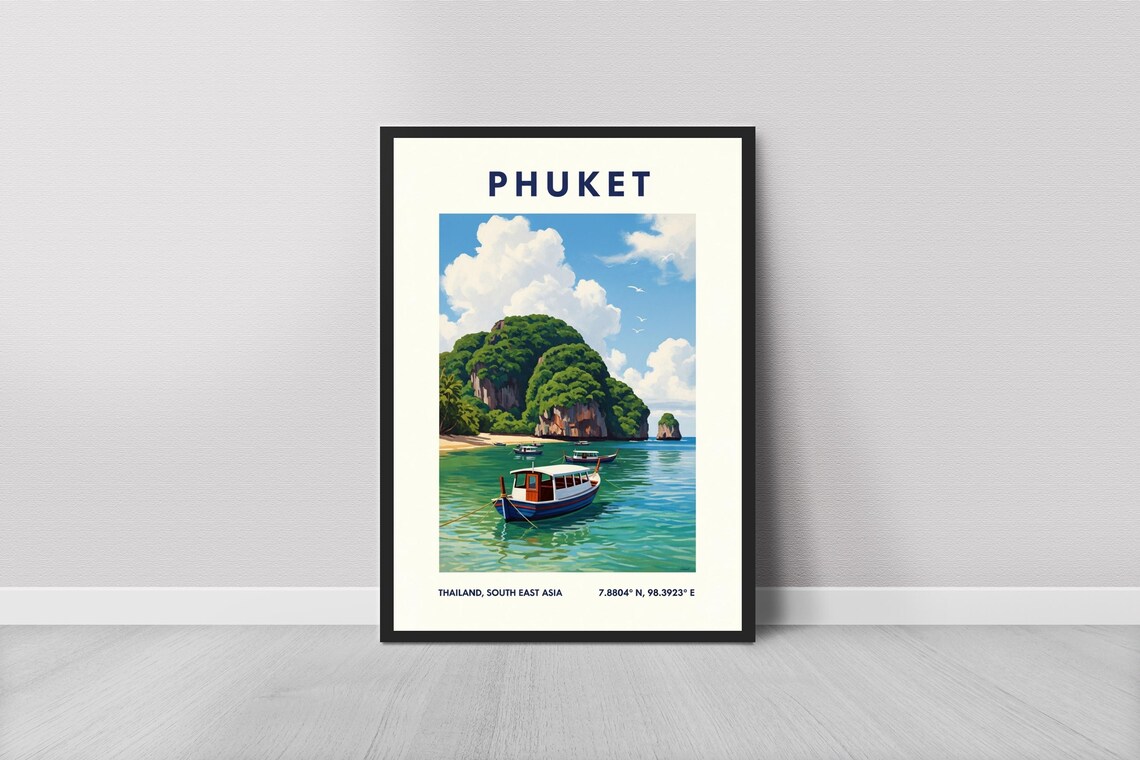 Phuket Thailand Travel Poster Turquoise Sea Boat Coastal Landscape Decor