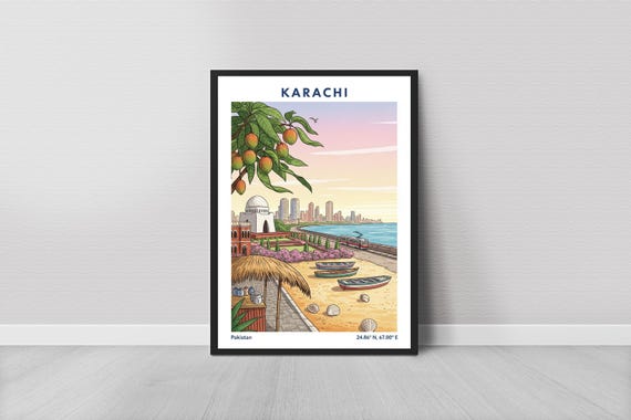 Karachi Poster Vintage Travel Gouache Green Mangoes And Beachfront Cityscape