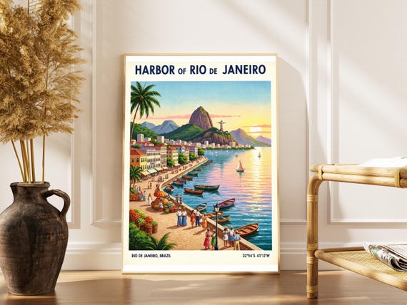 Rio De Janeiro Harbor Vintage Travel Poster Gouache Landscape Art