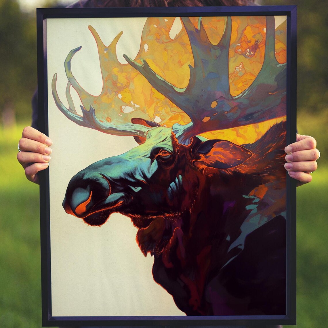 Moose Profile With Glowing Antlers in Dark Amber Forest Colors Poster - Image 5