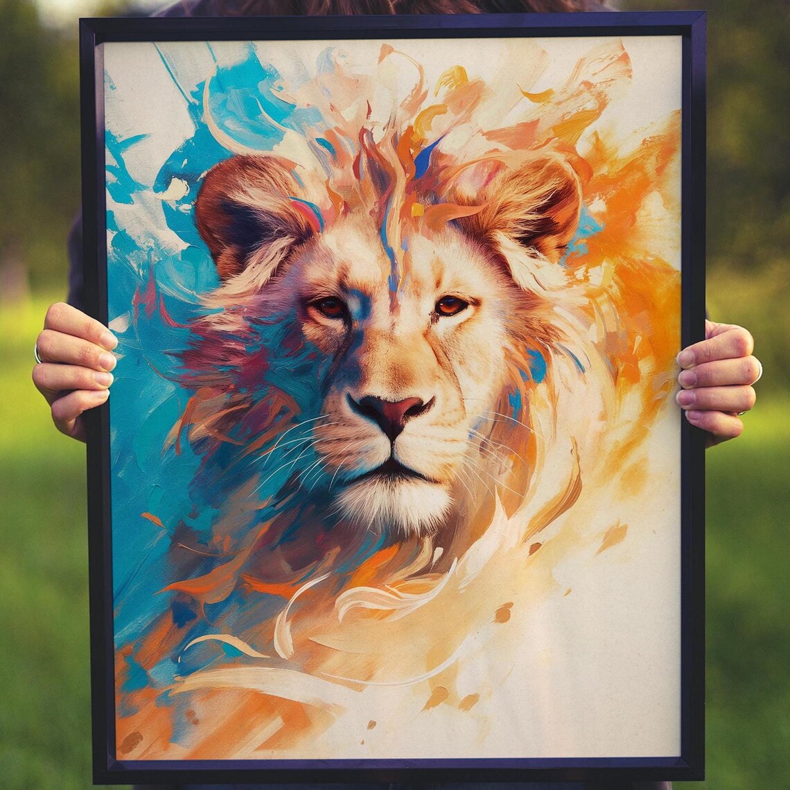 Colorful Lion Portrait With Turquoise and Orange Abstract Brushstrokes Poster