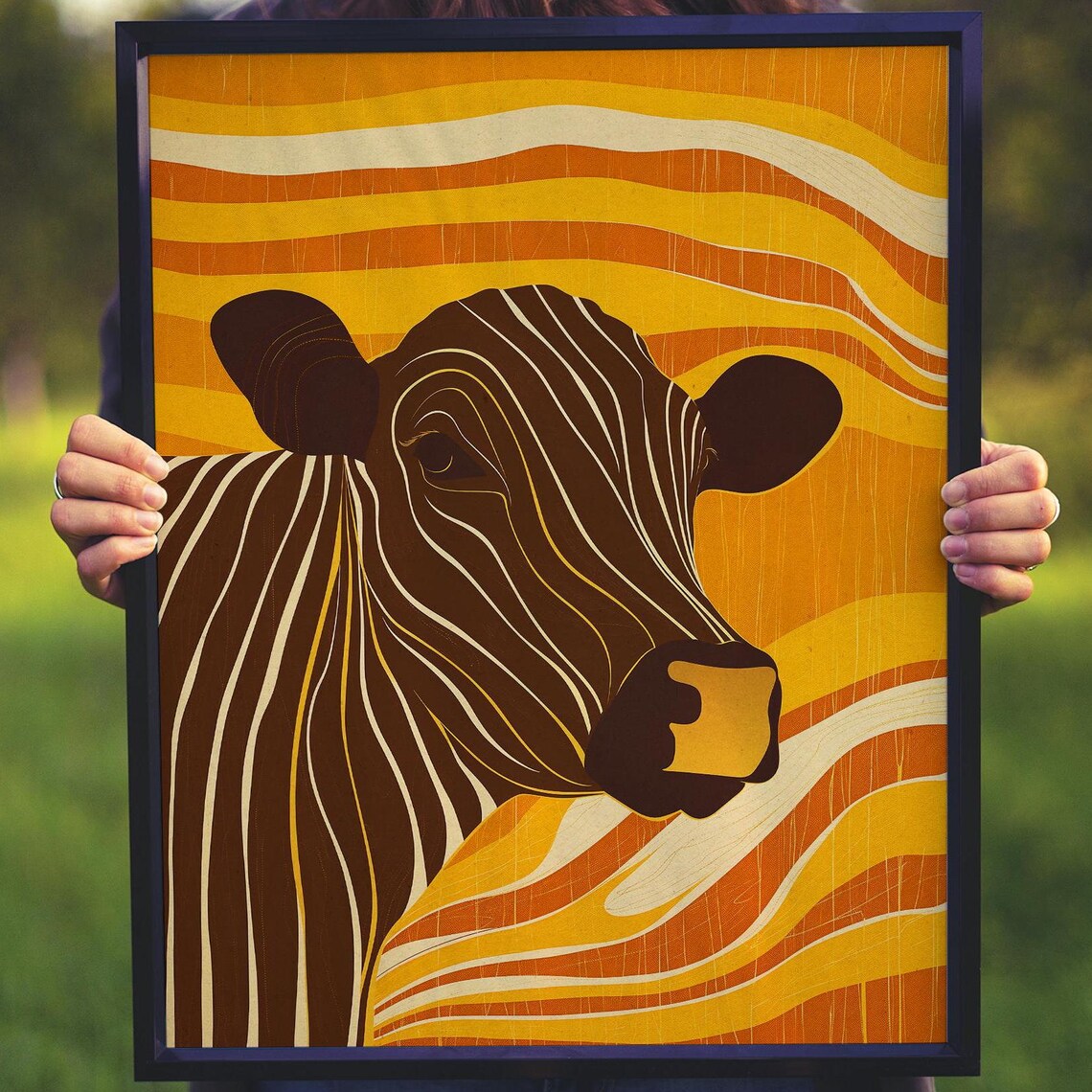 Retro Striped Cow Head on Orange Wavy Sunburst Background Art Poster