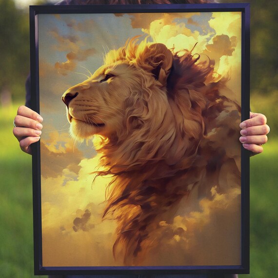 Lion in Profile Against Golden Sunset Clouds Painted Wildlife Poster