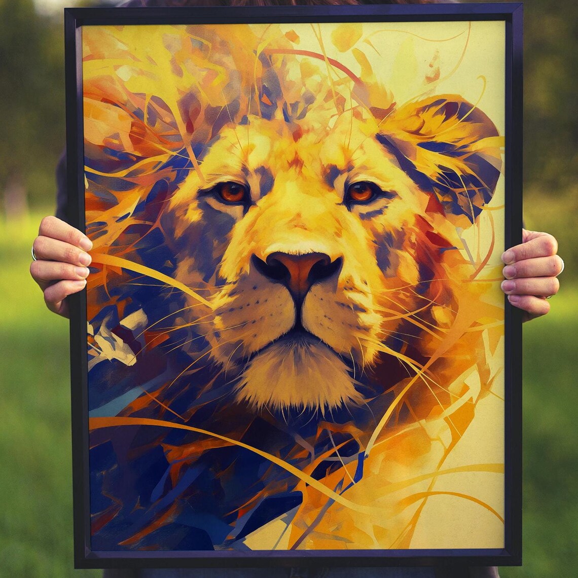Golden Lion Face in Explosive Blue and Yellow Brushstrokes Poster