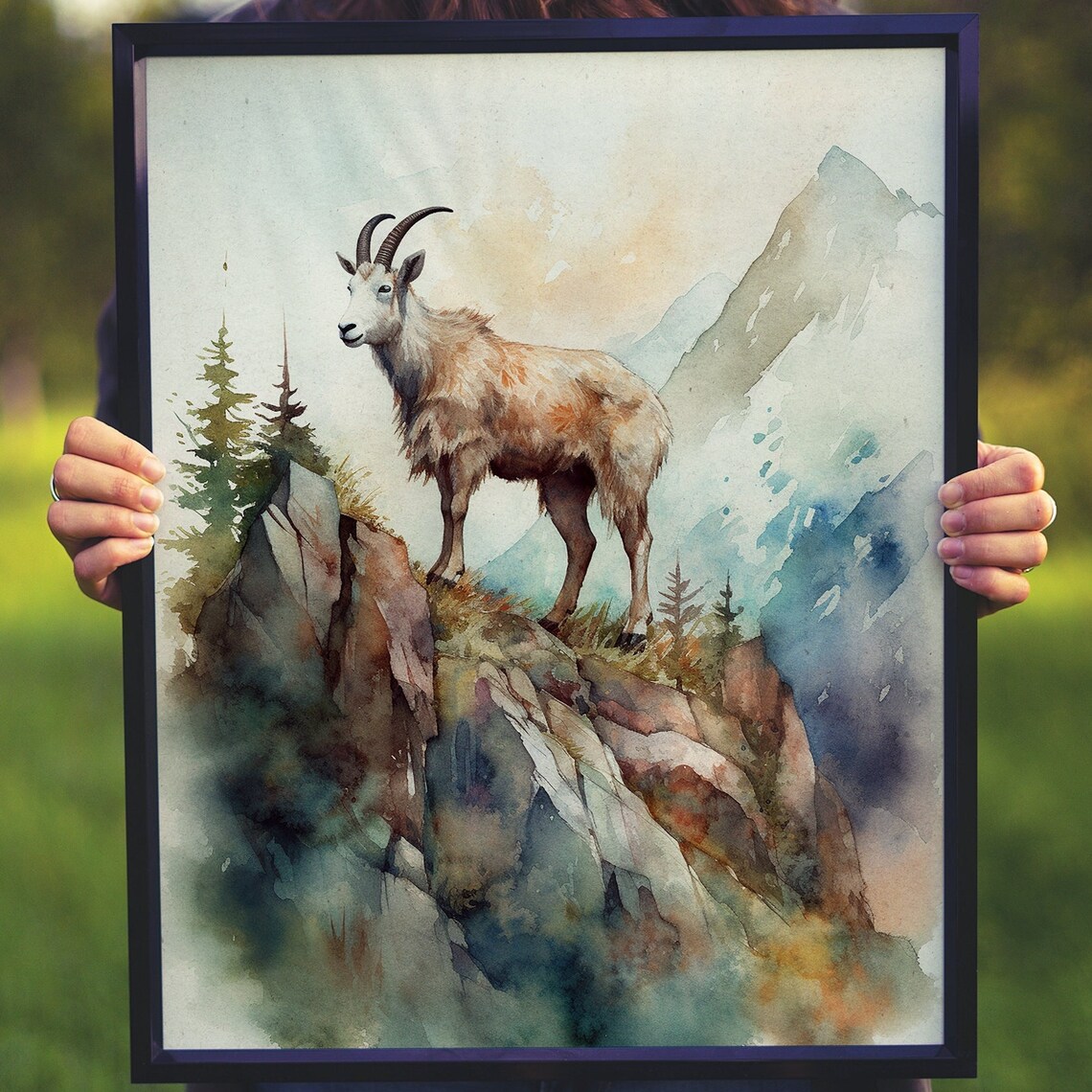 Mountain Goat on Rocky Cliff Watercolor Alpine Wildlife Poster