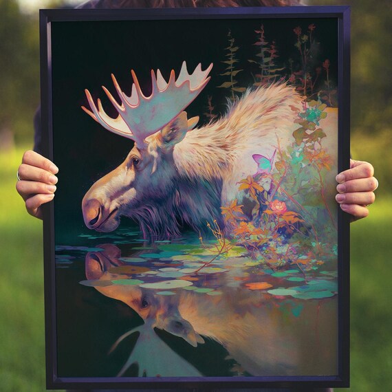 Moose Bull Drinking at Dark Water With Mirror Reflection Painting Poster