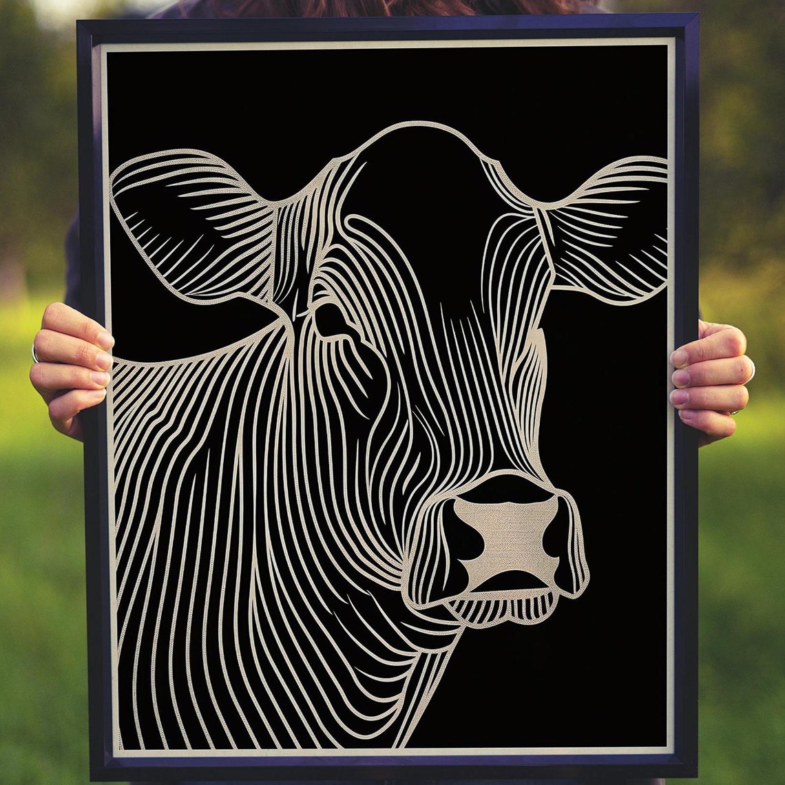 White Line Art Cow Head on a Dramatic Black Background Poster