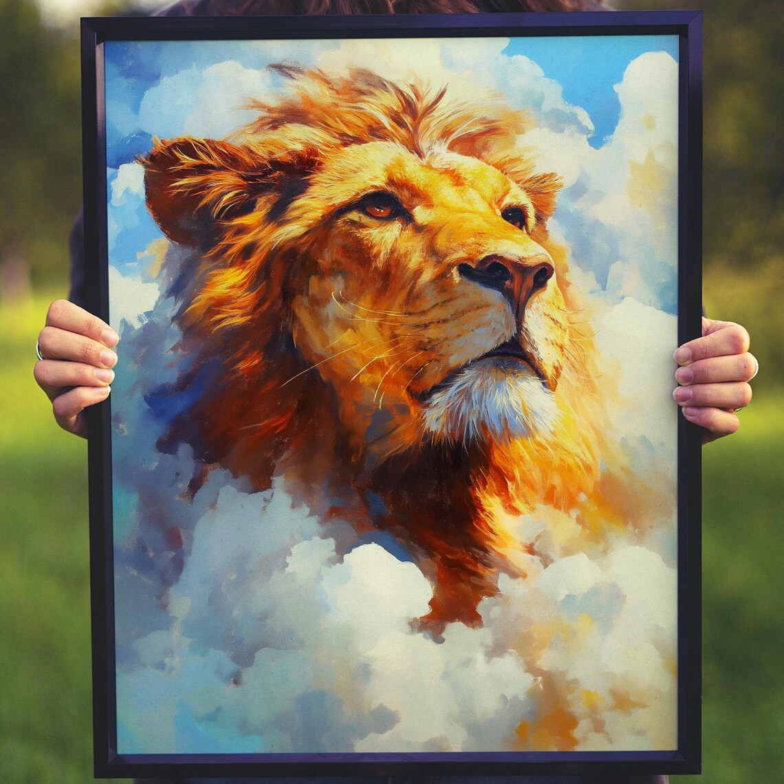 Majestic Golden Lion Looking Skyward Through Blue Clouds Oil Style Poster - Image 5