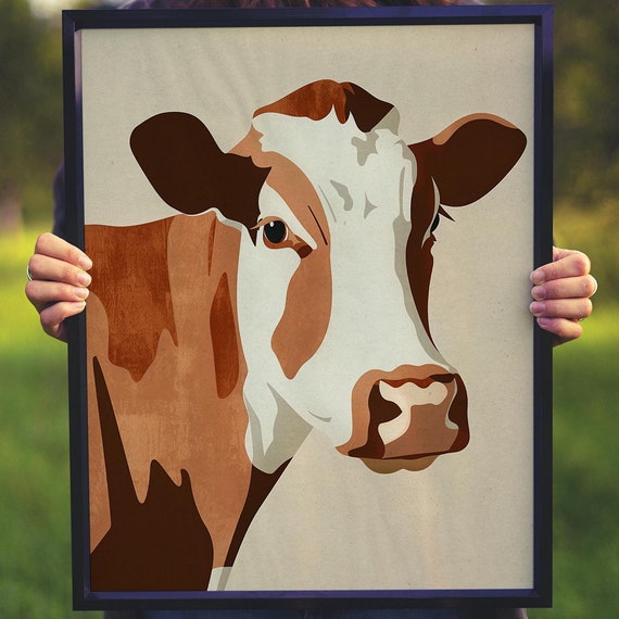 Bold Vintage Modern Minimalist Cow Decor Vibrant Mid Century Piece Geometric Cow Design Contemporary Cow Illustration