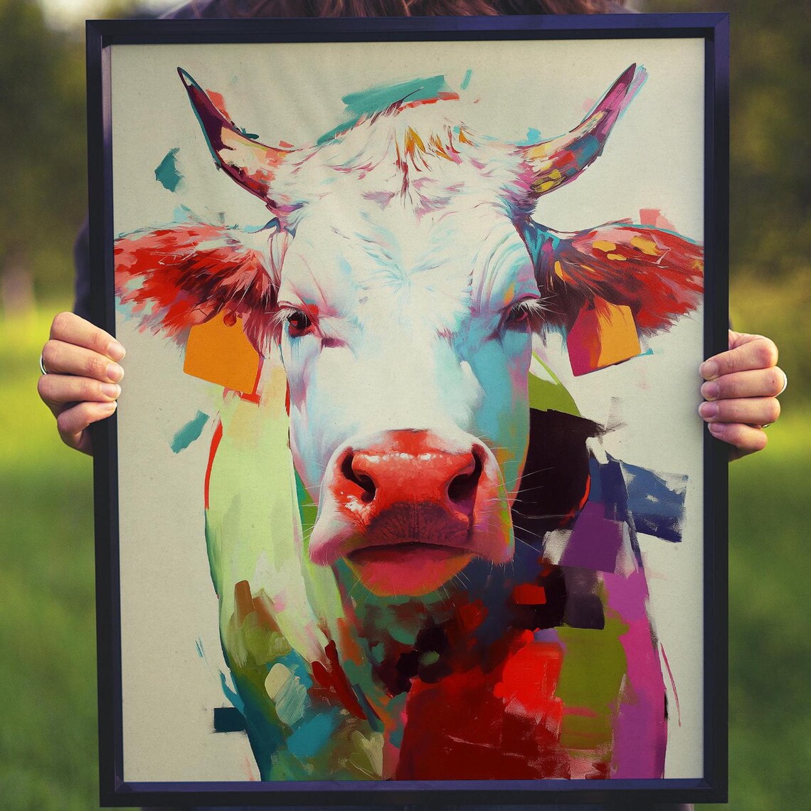Vibrant Pop Art Cow Portrait in Teal, Red and Coral Hues Poster