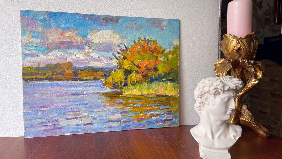 Autumn Riverbank Golden Trees Blue Water Oil Painting Landscape Art - Image 2