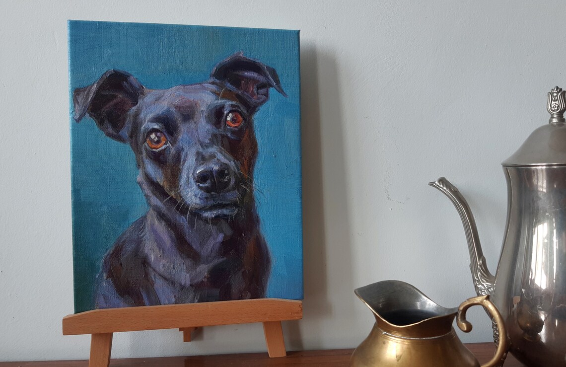 Black Dog Portrait Teal Background Expressive Oil Painting Pet Art - Image 2
