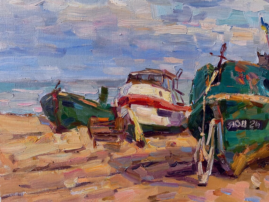 Colorful Fishing Boats Beach Sea Impressionist Oil Painting Coastal - Image 2