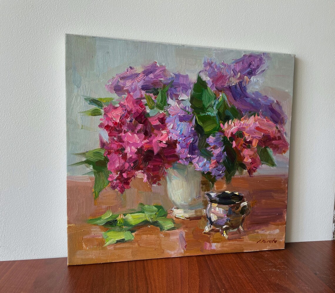 Pink Purple Lilac Bouquet White Vase Impressionist Oil Painting Floral - Image 5