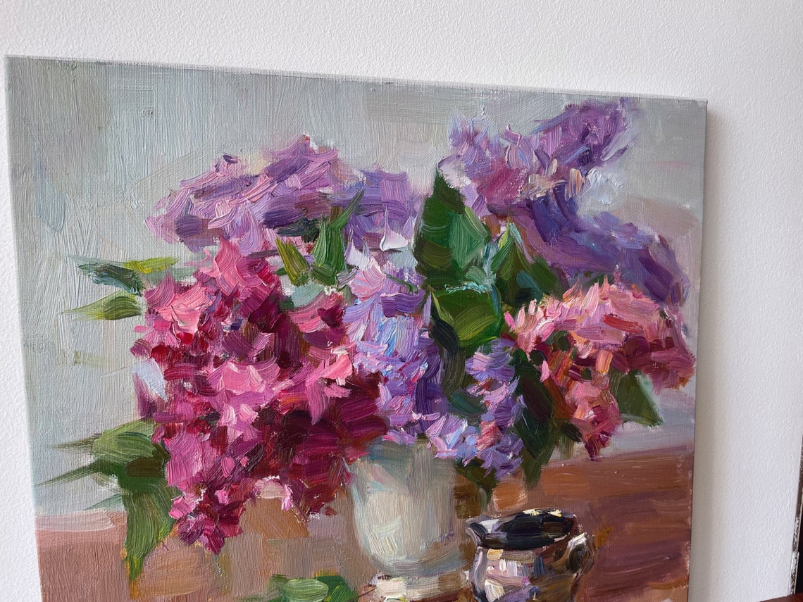 Pink Purple Lilac Bouquet White Vase Impressionist Oil Painting Floral - Image 3