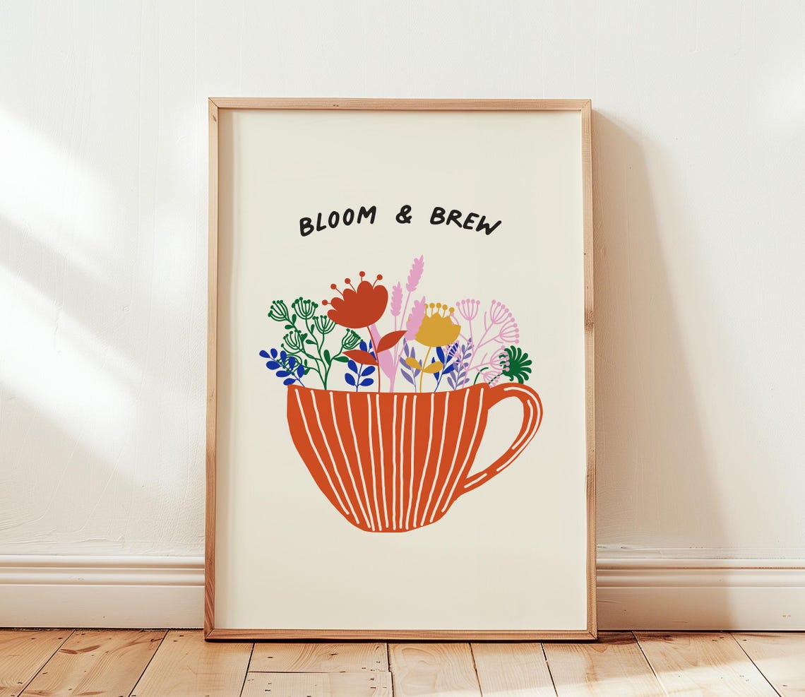 Bloom and Brew Floral Coffee Cup Hand Drawn Kitchen Art Poster